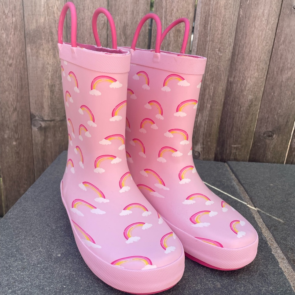 NWOT Lands' End Pink Kids Rain Boots with Rainbow Print